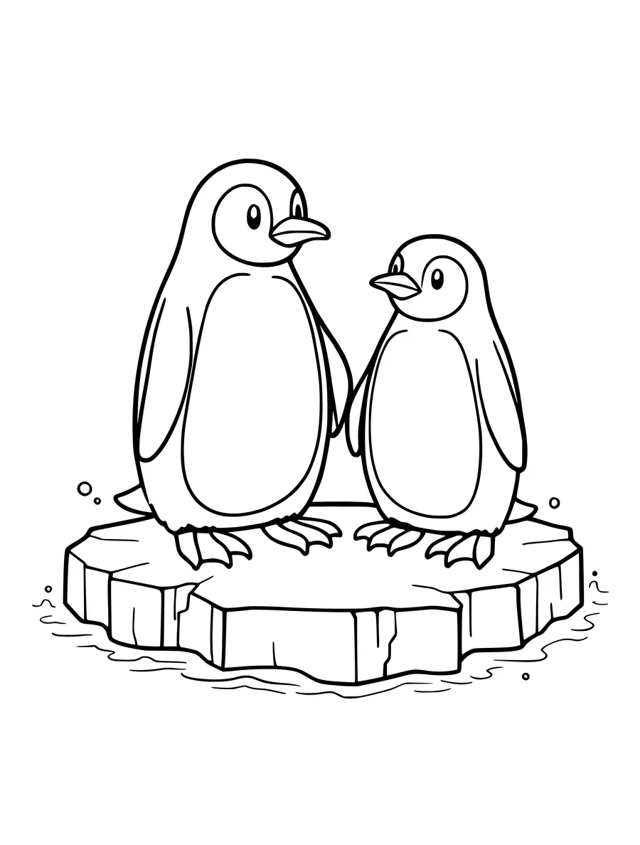 Two penguins standing on a floating chunk of ice in this winter-themed coloring page.