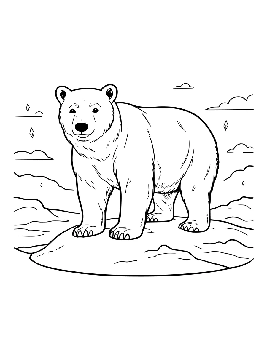 Black and white line art coloring page of polar bear on a hill of snow, medium detail