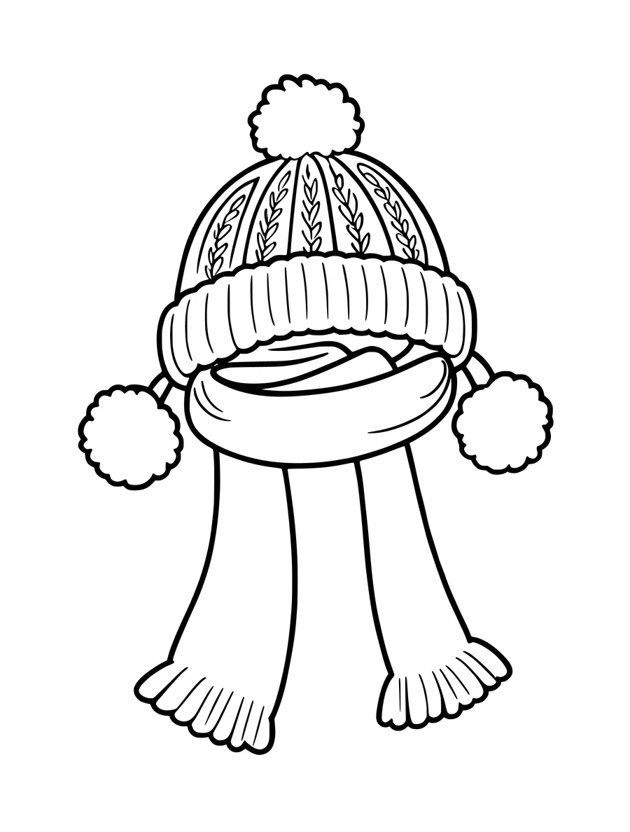 A cozy winter hat with a large pompom resting on top of a matching scarf in this simple colouring page.