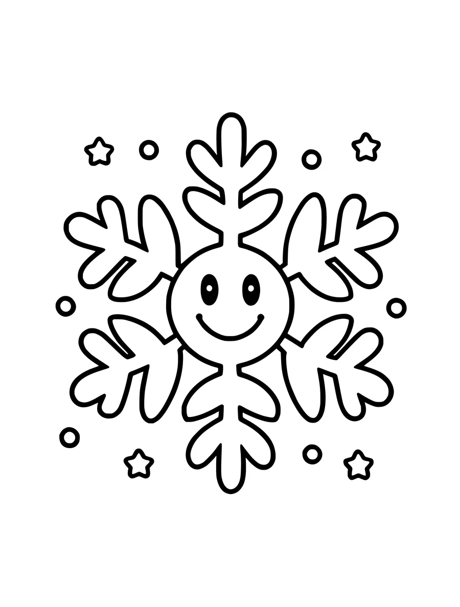 Black and white line art colouring page of smiling snowflake with a face, simple detail