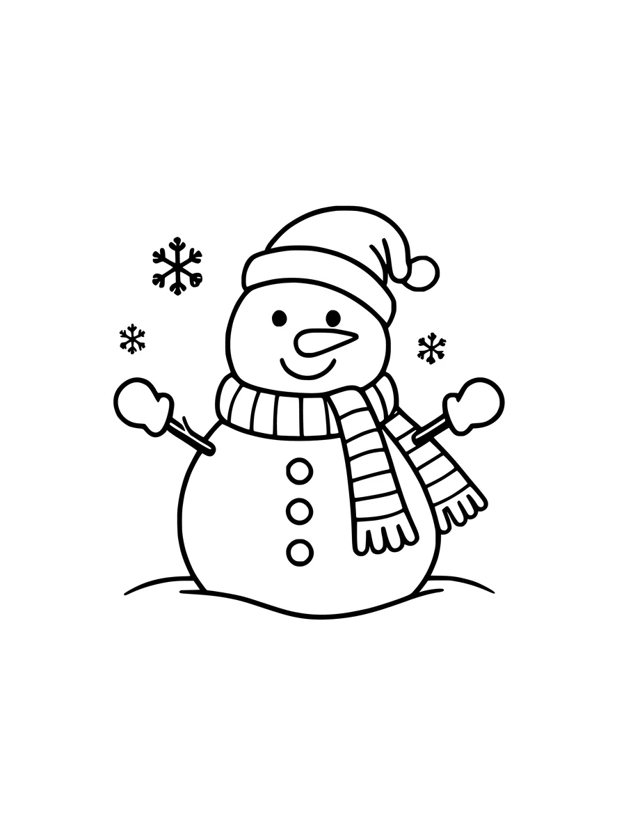 A happy snowman wearing a hat and scarf with snowflakes falling in this simple winter line art, coloring page