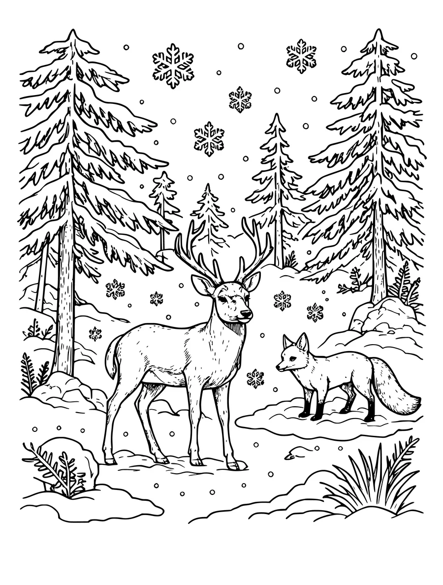 Black and white line art coloring page of snowy forest with a deer, a fox and falling snow, detailed detail