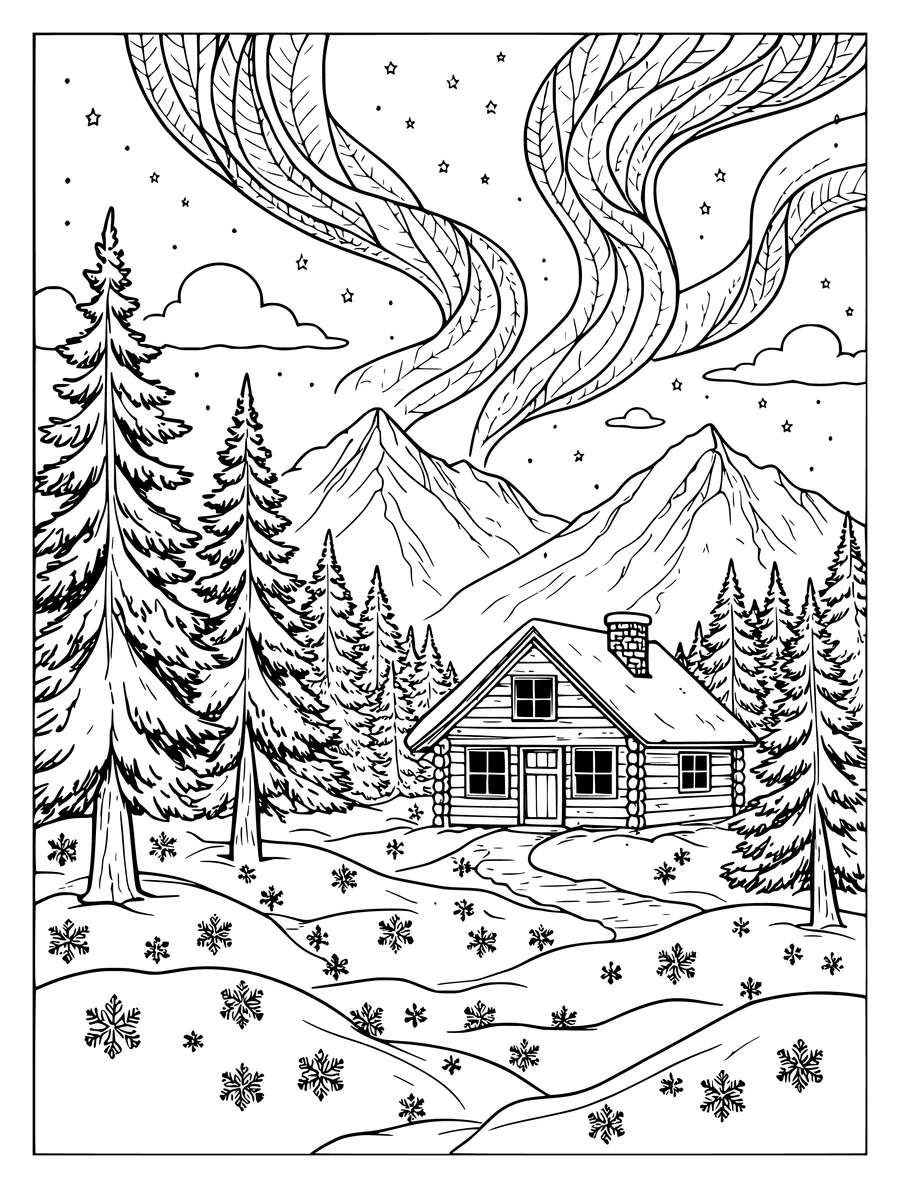 Black and white line art coloring page of winter landscape with mountains, pine trees, a cabin and an aurora, intricate...