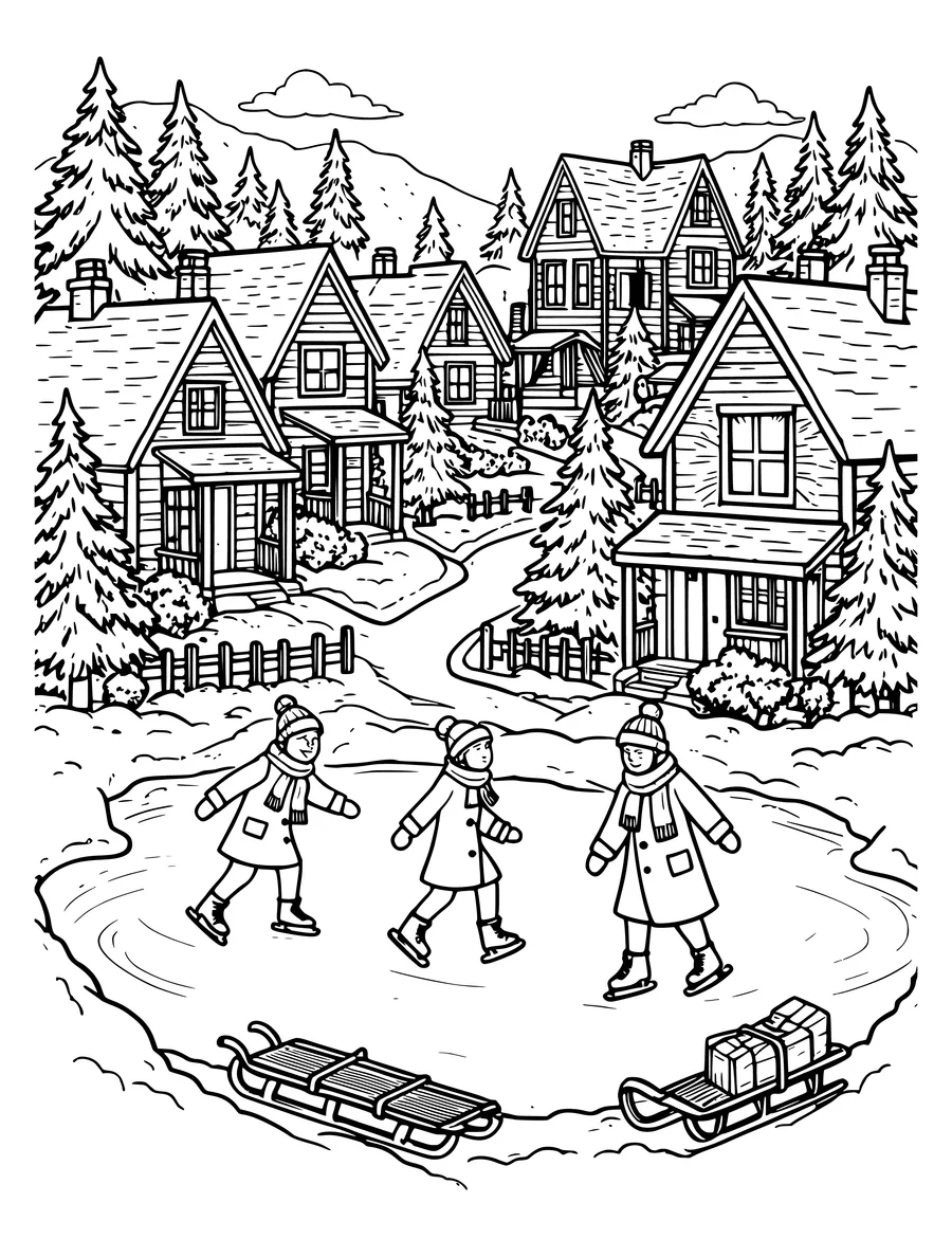 Black and white line art coloring page of winter village with sleds, skaters on a pond and lit windows, detailed detail